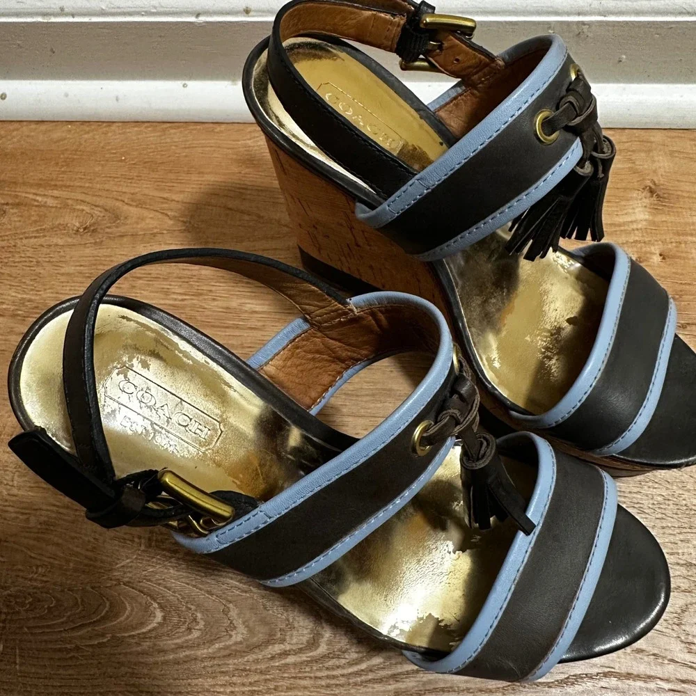Coach | Women's Brown Blue Leather Tassel Cork Platform Wedge Sandals, 6.5B